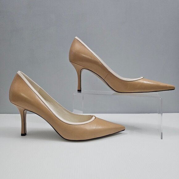 Tory Burch Double T Buckle Pump Womens 10.5 Tan Cream Leather Pointed Toe Heels - Picture 3 of 16